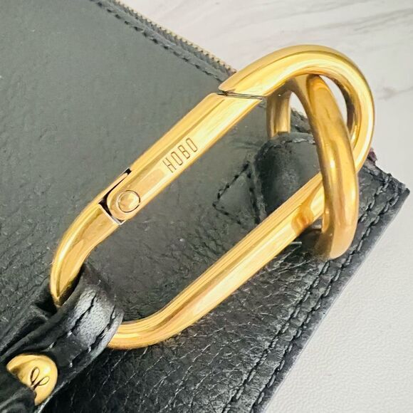 HOBO GO Tour Leather Zip Pouch‎ Bag, Wristlet, with Lanyard, Black/Gold, NWT - Picture 4 of 12